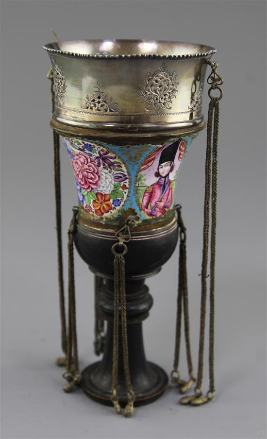 A Qajar gilt metal and polychrome enamel Ghalian stem cup, Persia, 19th century, 7.5in., damage